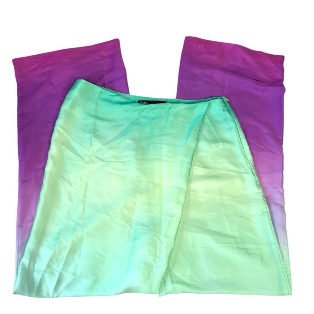 Zara Women's Green Purple Ombre Wide Leg Pareo High Waist Pants Size Large - Picture 8 of 10